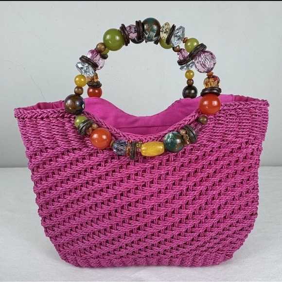 Cappelli Straworld Handbags - Cappelli Straworld Fuchsia Tote with Beaded Handle
